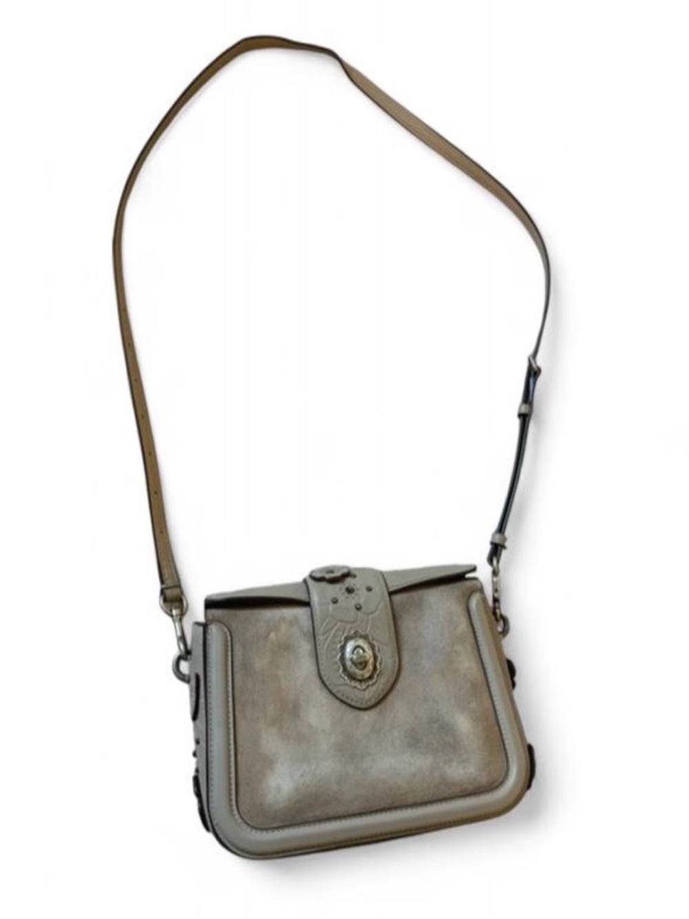 Coach Page Crossbody Bag with Painted Tea Rose Tooling Leather Suede Gray 12588